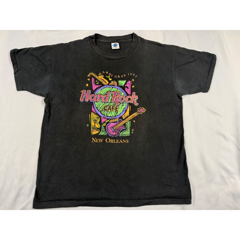 Vintage XL 1995 Hard Rock Cafe New Orleans Mardi Gras Graphic T-Shirt Black
